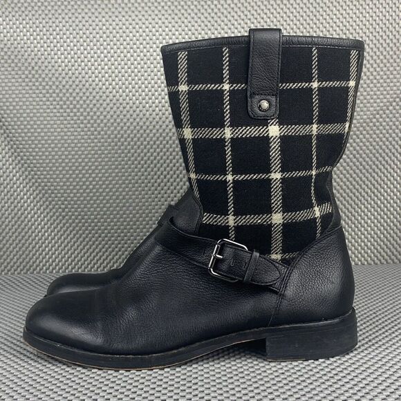 Coach Mackie Boots Womens 5 B Black Leather Wool Neoprene Plaid Mid Calf Casual - Picture 2 of 13